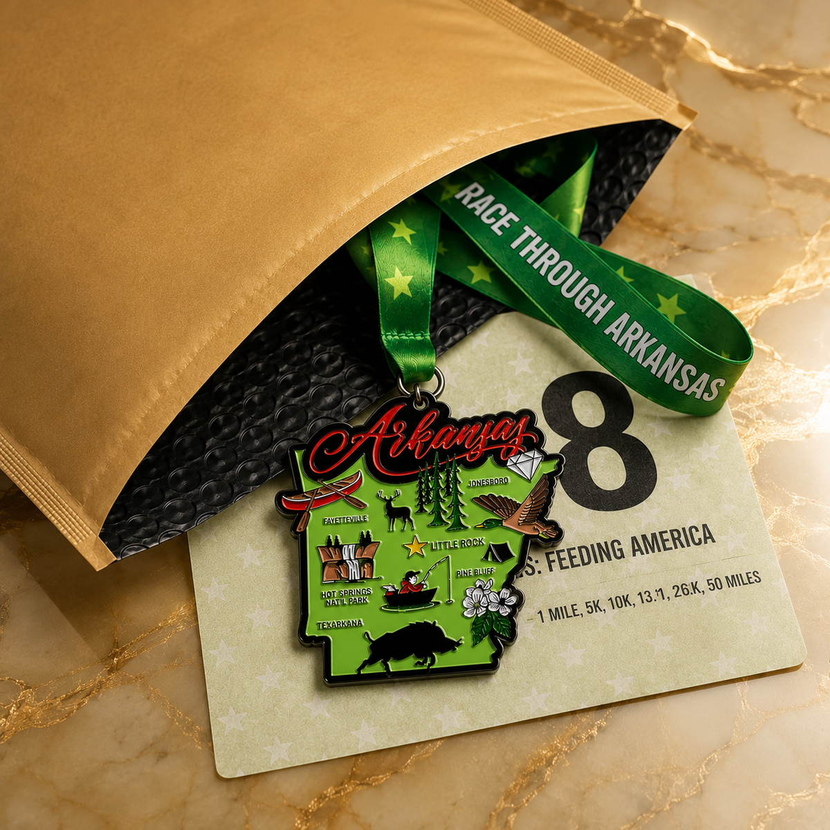 Arkansas virtual race medal from VirtualRunEvent, featuring detailed design for 5K, 10K, Half Marathon, and 50 Mile Challenge.