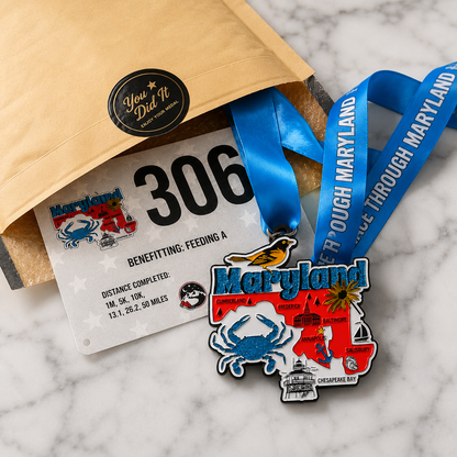 Virtualrunevent Maryland Race medal for 5K, 10K, half marathon, or 50 mile challenge, featuring a detailed Maryland-themed design.