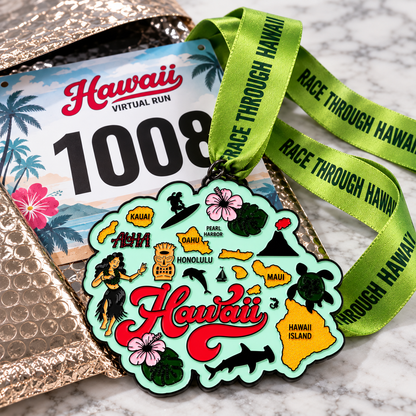 Silver medal for the Race Through Hawaii virtual race event, featuring Hawaii-themed design and engraved event details.