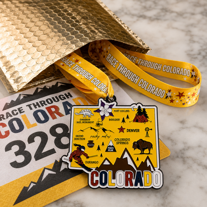 Virtualrunevent Race Through Colorado medal featuring Colorado mountains and race details for 5K, 10K, Half Marathon, and 50 Mile Challenge