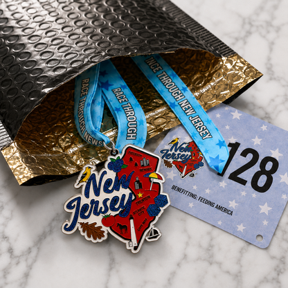 Virtualrunevent Race Through New Jersey medal for 5K, 10K, Half Marathon, and 50 Mile Challenge featuring a colorful design.