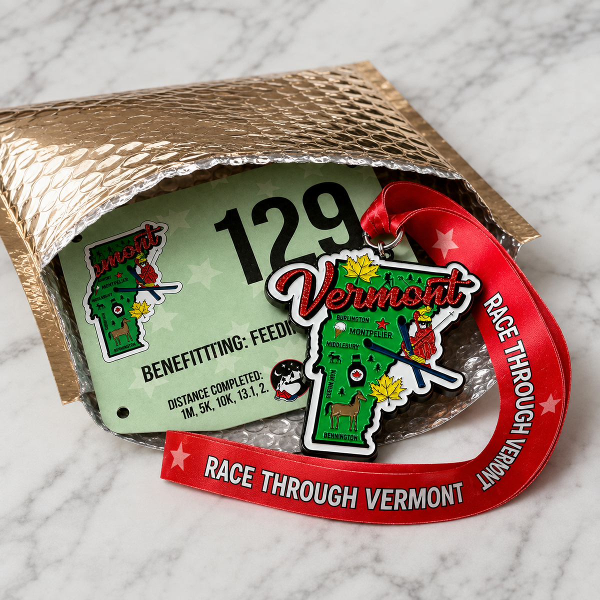 Virtualrunevent Race Through Vermont medal featuring a detailed design, awarded for completing 5K, 10K, half marathon, or marathon.