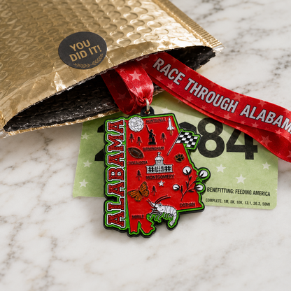 Virtualrunevent Race Through Alabama medal featuring regional design, awarded for completing 5K, 10K, half marathon, or 50-mile challenge.