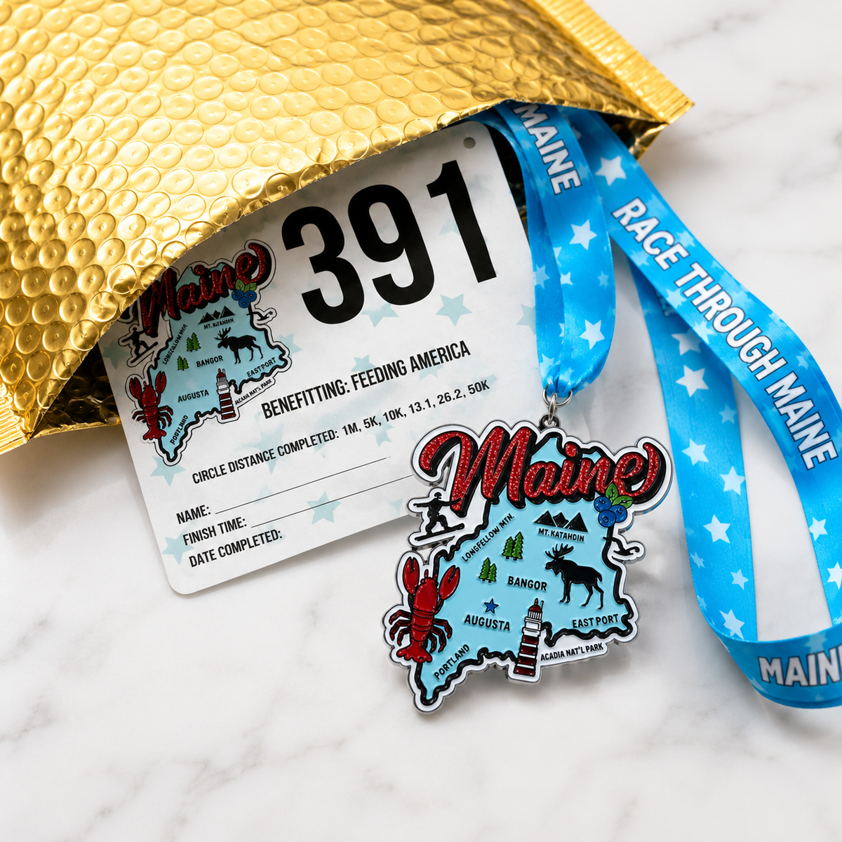 Virtualrunevent Race Through Maine medal featuring a colorful design, commemorating 5K, 10K, Half Marathon, and 50 Mile Challenge.
