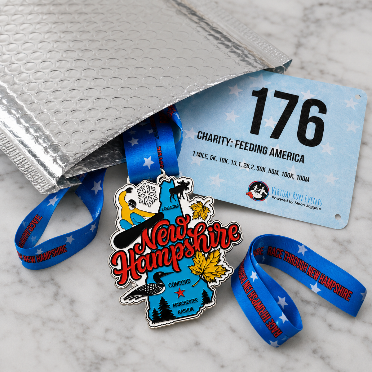 Virtualrunevent Race Through New Hampshire medal and bib, featuring a colorful design for 1M, 5K, 10K, 13.1, and 26.2 races.