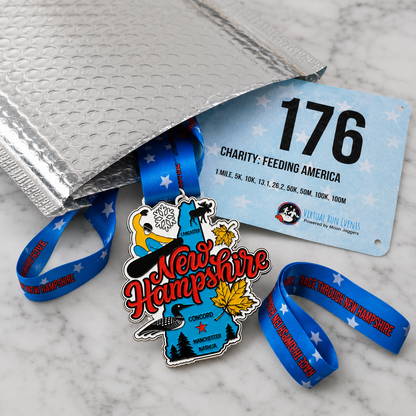 Virtualrunevent Race Through New Hampshire medal and bib, featuring a colorful design for 1M, 5K, 10K, 13.1, and 26.2 races.