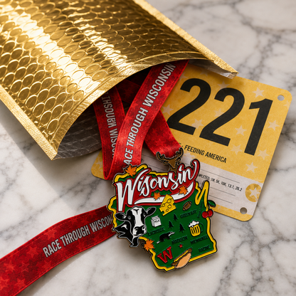 Race Through Wisconsin Virtual Race medal from virtualrunevent, featuring a colorful design celebrating 5K, 10K, half marathon, and marathon.