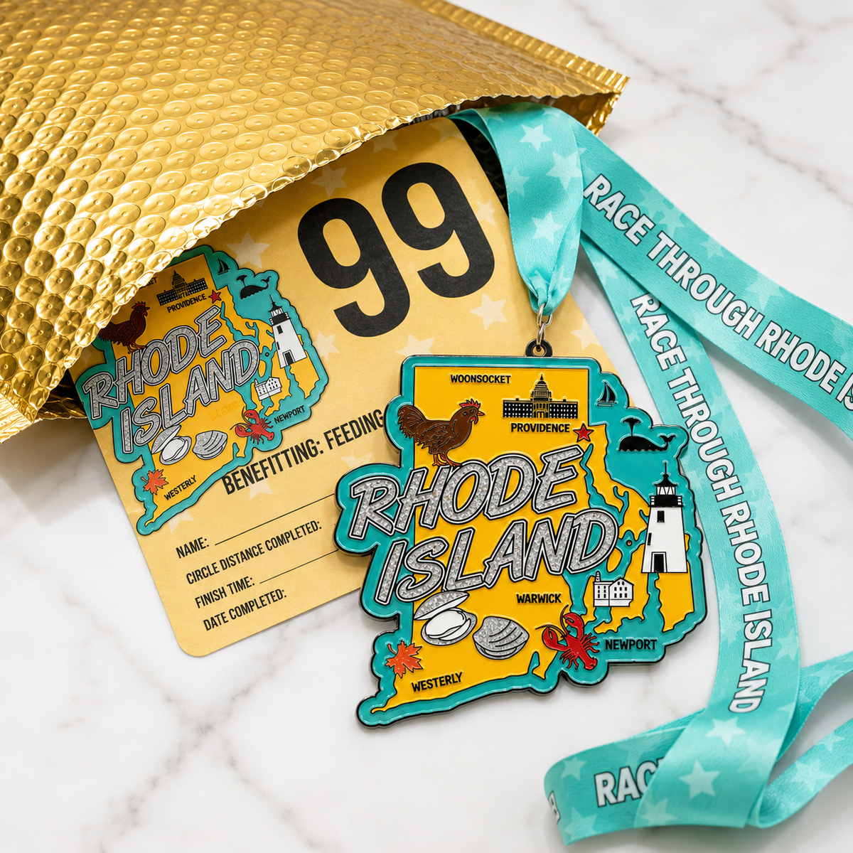 Silver medal from Virtual Run Event's Rhode Island race, featuring engraved city landmarks and race details.