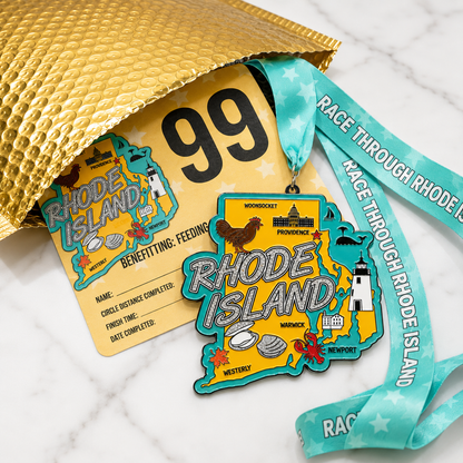 Silver medal from Virtual Run Event's Rhode Island race, featuring engraved city landmarks and race details.
