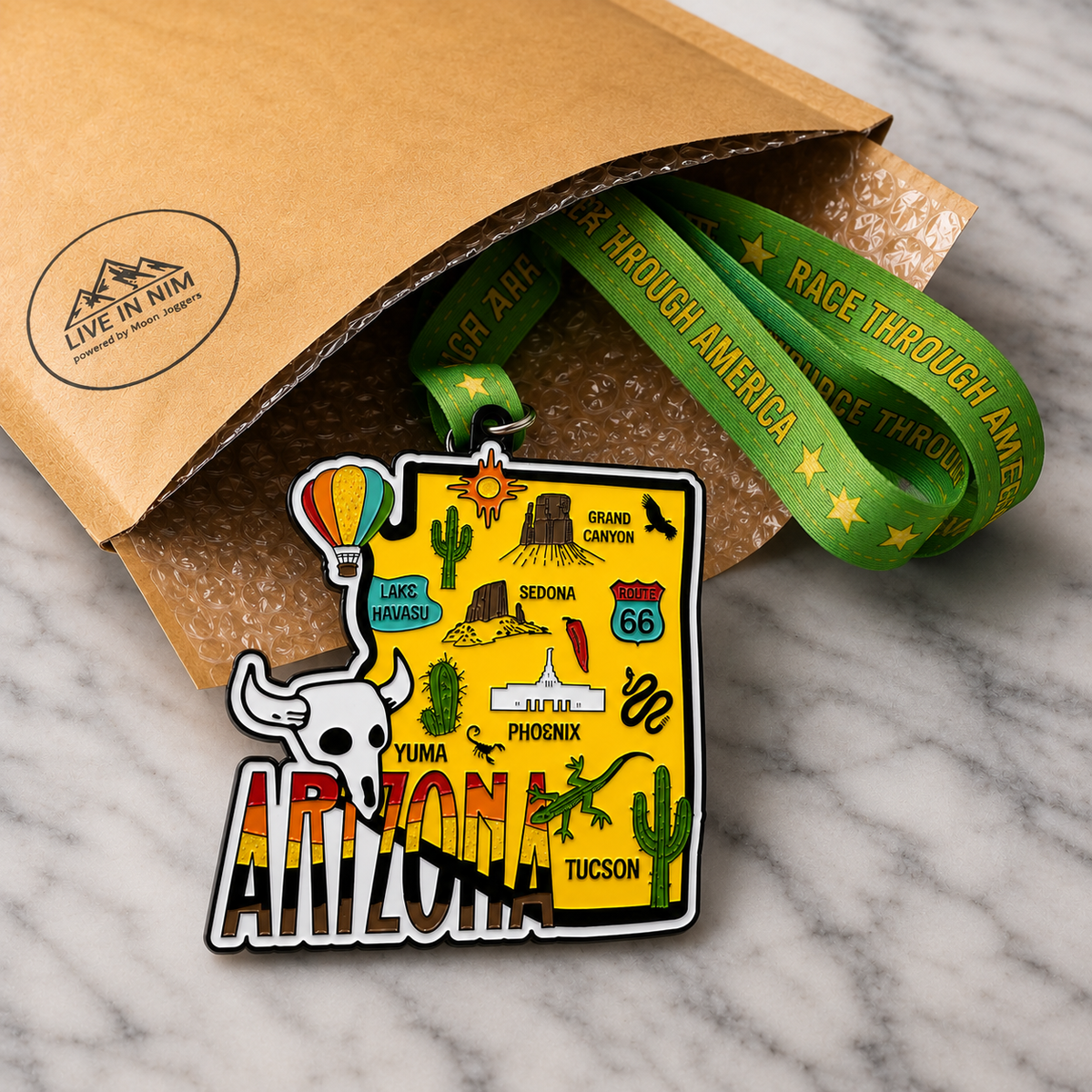 Virtualrunevent Race Through Arizona medal featuring Arizona landscape and race details, designed for 5K, 10K, half marathon, and 50-mile challenges.