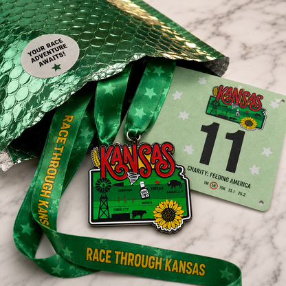 Virtualrunevent Race Through Kansas medal featuring Kansas landscape and running motifs for 5K, 10K, half marathon, and 50-mile challenge