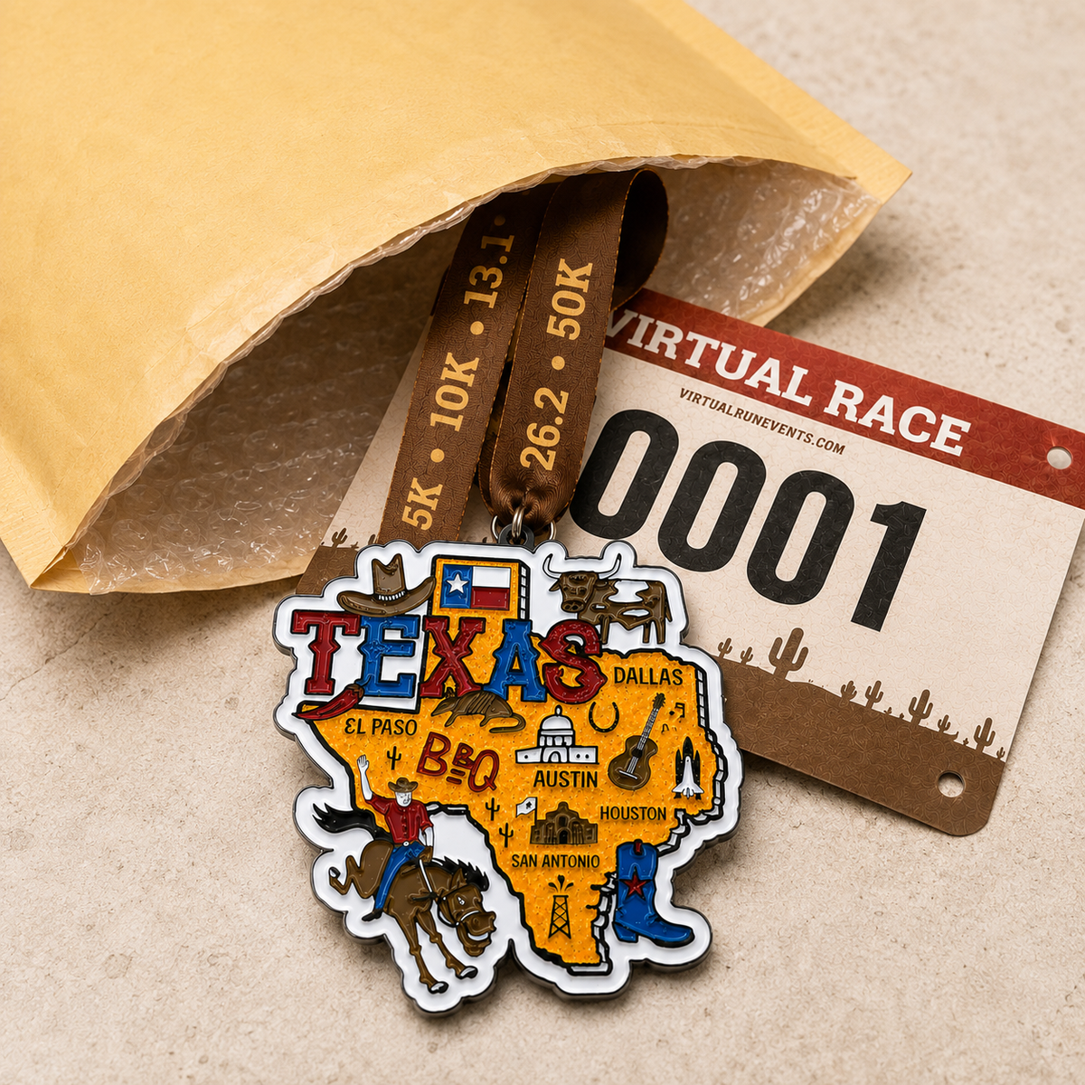 Virtualrunevent Race Through Texas medal featuring Texas landscape and race details for 5K, 10K, half marathon, and 50-mile challenge.