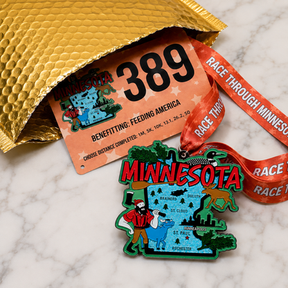 Minnesota virtual race medal from Virtual Run Event for 5K, 10K, Half Marathon, and 50 Mile Challenge, showcasing a detailed design.
