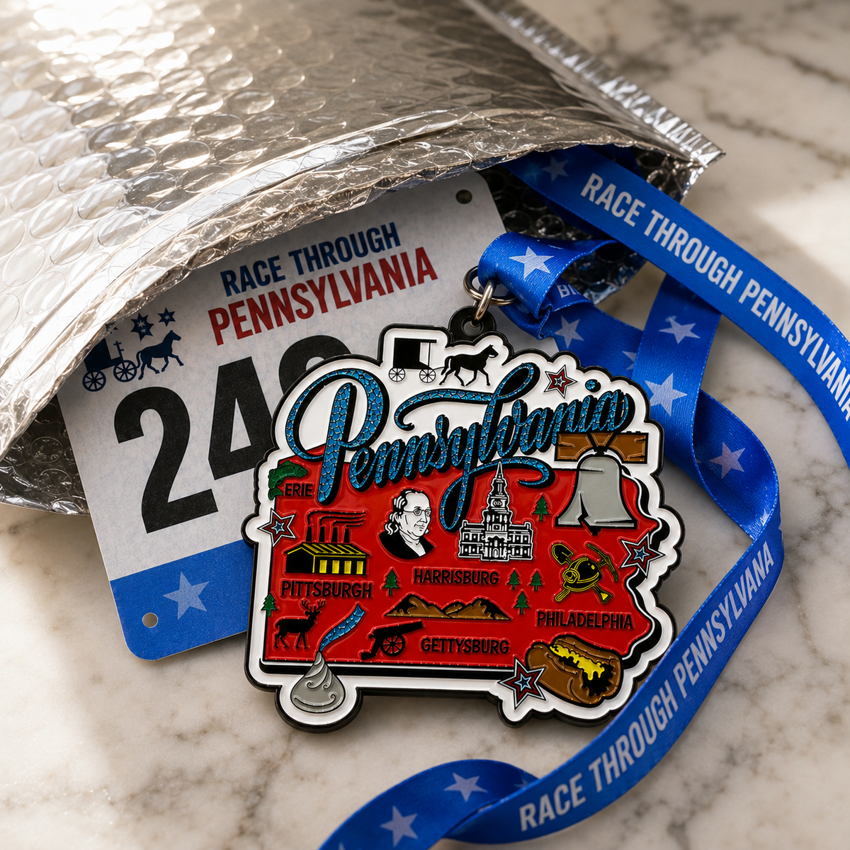 Virtualrunevent Race Through Pennsylvania medal, silver-colored with engraved design, displayed on a plain background.