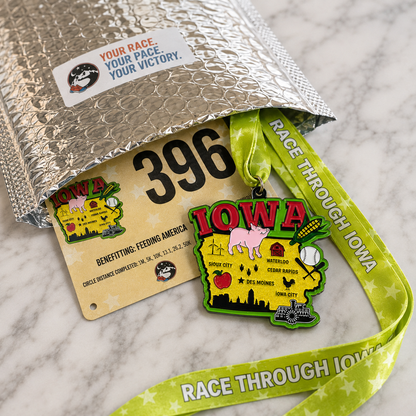 Virtualrunevent Race Through Iowa medal featuring Iowa landmarks, designed for 5K, 10K, half marathon, and 50 mile challenge completion.