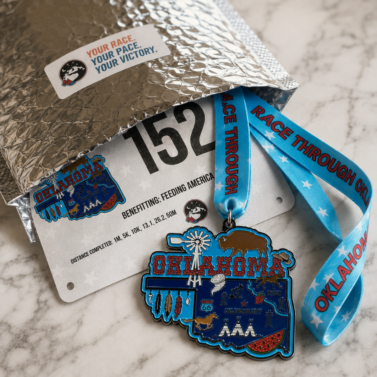 Virtualrunevent Oklahoma Race medal featuring Oklahoma map design for 5K, 10K, Half Marathon, and 50 Mile Challenge finisher.