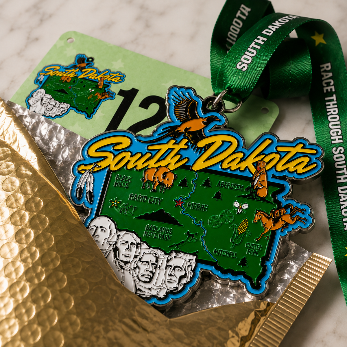 Virtualrunevent Race Through South Dakota medal showing detailed engraved design and branding for 5K, 10K, half marathon, and marathon finisher.