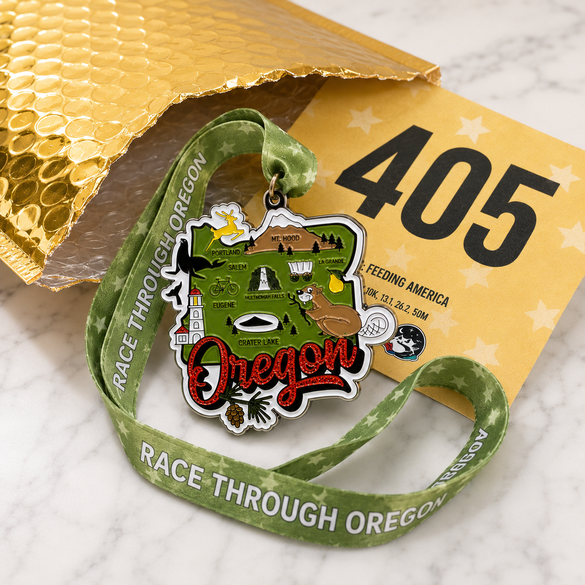 Virtualrunevent Race Through Oregon medal showing a colorful Oregon landscape and race details, designed for 5K, 10K, half marathon, and marathon.