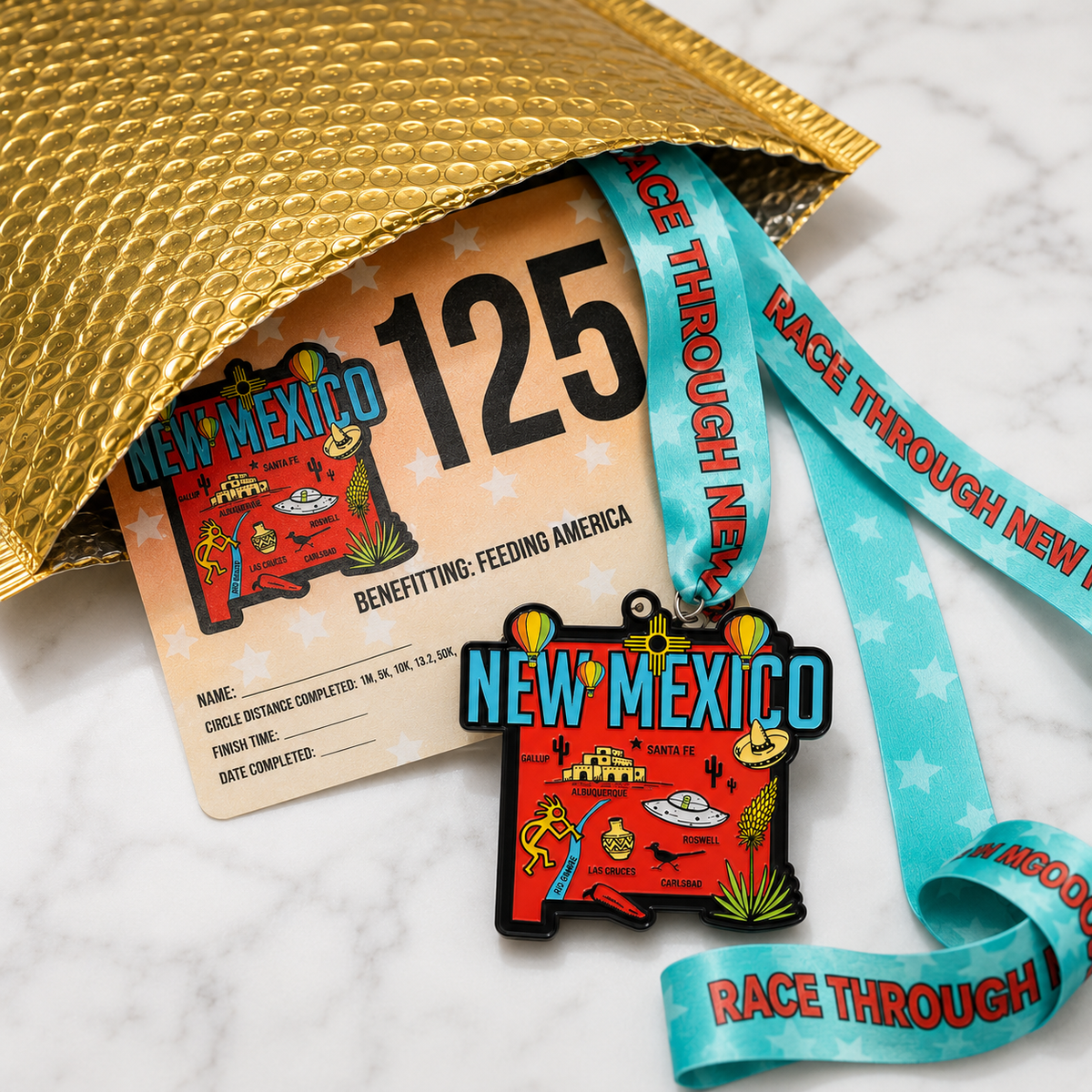 Virtualrunevent Race Through New Mexico medal, 5K to 50 Mile challenge, featuring colorful design and embossed race details.