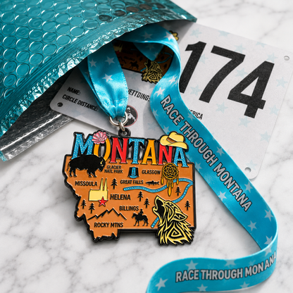 Virtualrunevent Race Through Montana medal featuring mountain and trail imagery for 5K, 10K, Half Marathon, and 50 Mile Challenge.