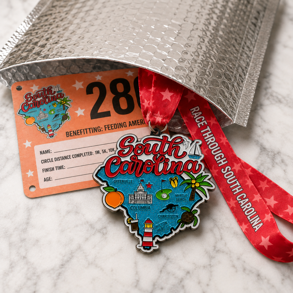 Virtualrunevent South Carolina race medal for 5K, 10K, half marathon, or marathon, featuring a colorful design and race details.