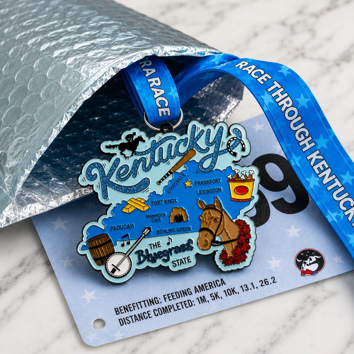 Silver Race Through Kentucky Virtual Race medal with engraved event details and a decorative ribbon.