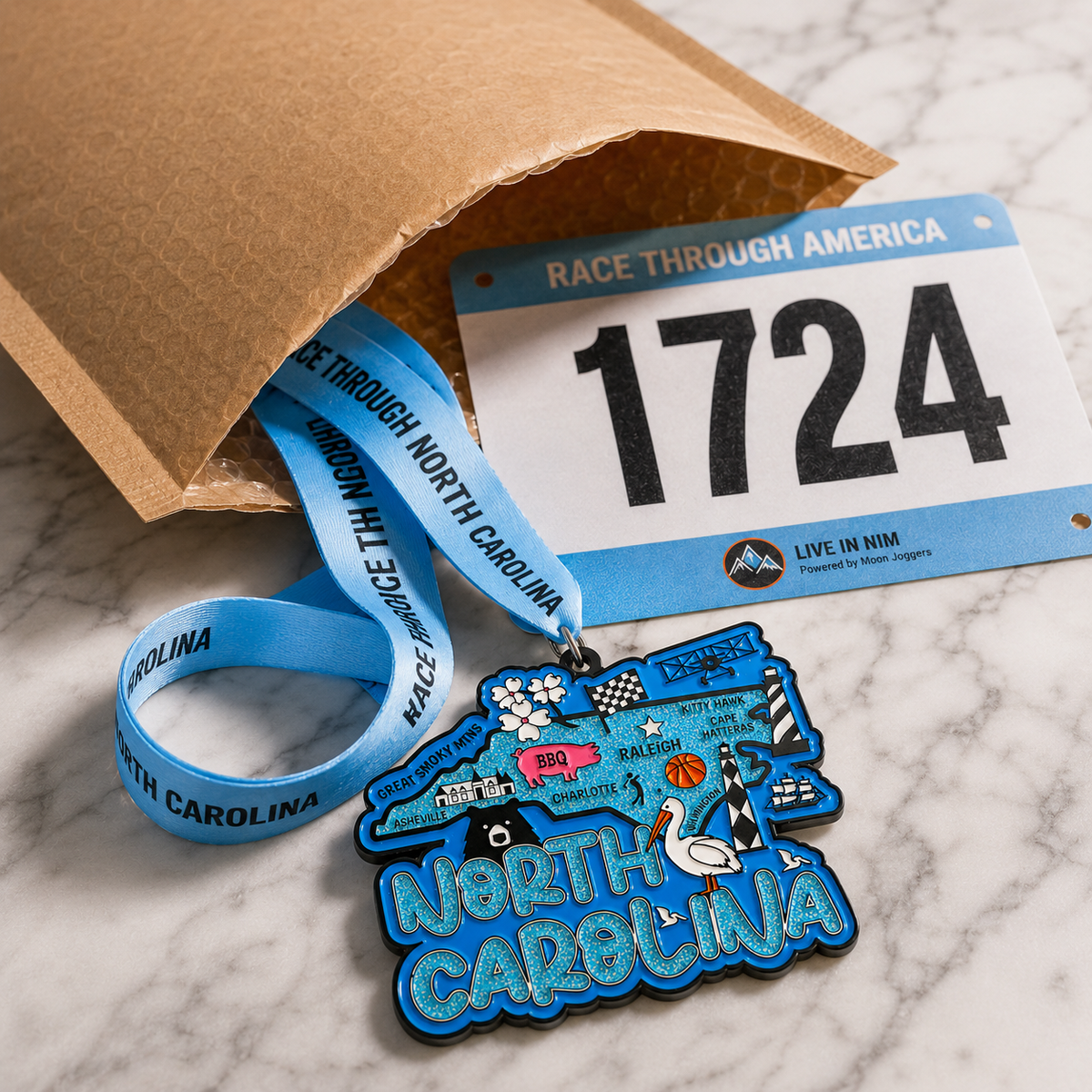 Virtualrunevent North Carolina race medal for 5K, 10K, half marathon, and 50 mile challenge, displayed on padded envelope.