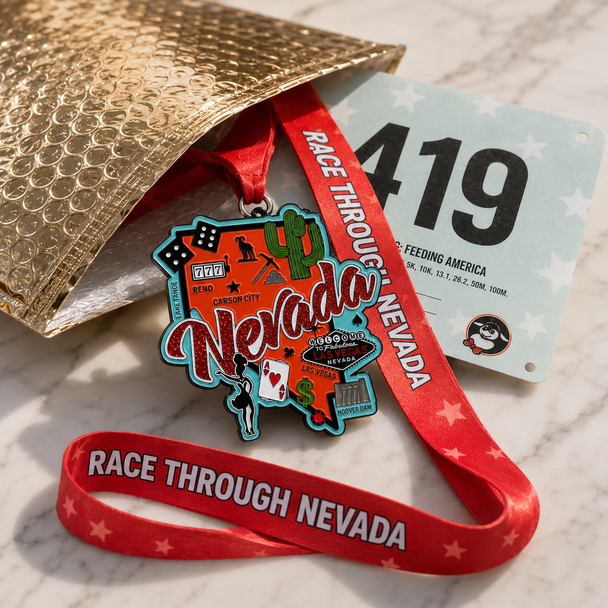 Virtualrunevent Nevada Race medal featuring a colorful design celebrating 5K, 10K, Half Marathon, and 50 Mile Challenge achievements.