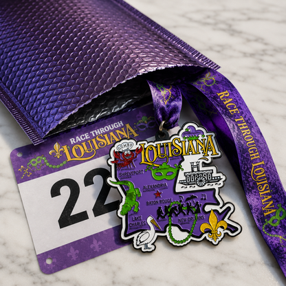 Virtualrunevent Race Through Louisiana medal featuring Louisiana map design and race details for 5K, 10K, half marathon, and 50-mile challenge.
