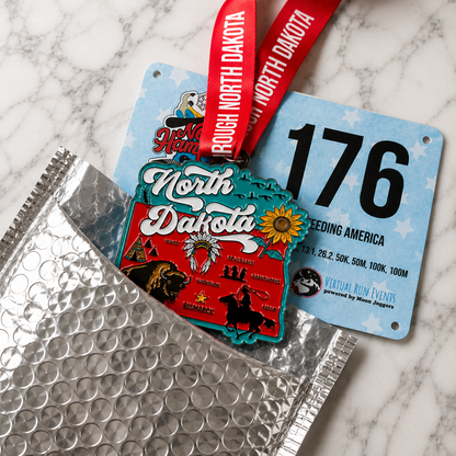 Virtualrunevent Race Through North Dakota 5K, 10K, Half Marathon, and 50 Mile Challenge medal on padded envelope.