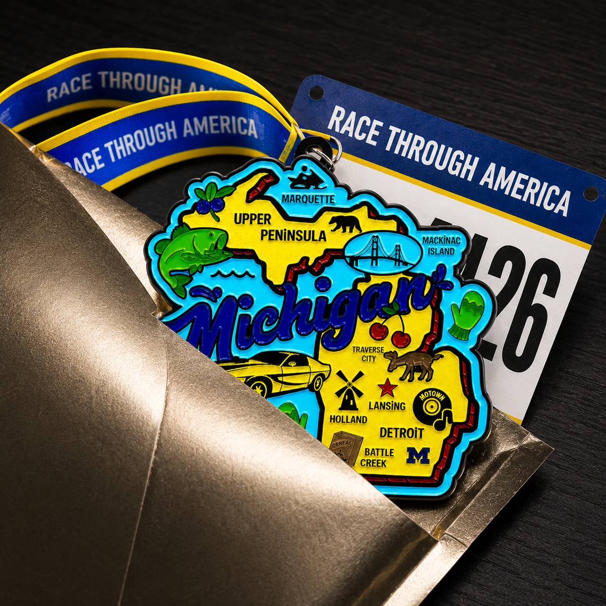 Michigan Virtual Race medal featuring race details for 1 Mile, 5K, 10K, Half & Marathon, from virtualrunevent.