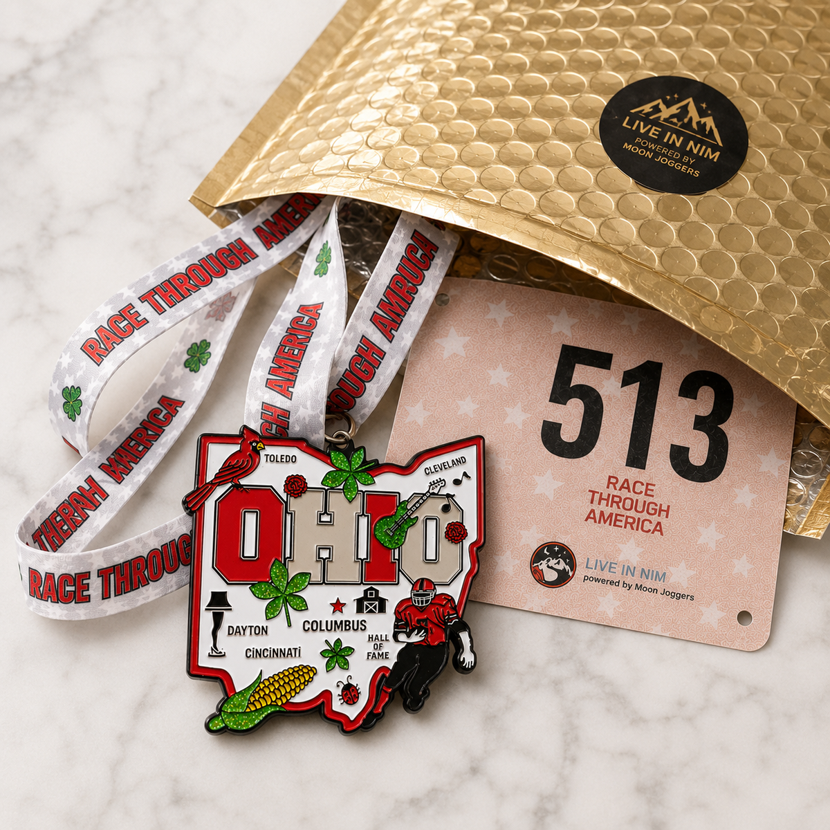Virtualrunevent Race Through Ohio medal and bib, featuring a custom-designed race medal with Ohio-themed graphics and event details.