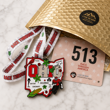 Virtualrunevent Race Through Ohio medal and bib, featuring a custom-designed race medal with Ohio-themed graphics and event details.