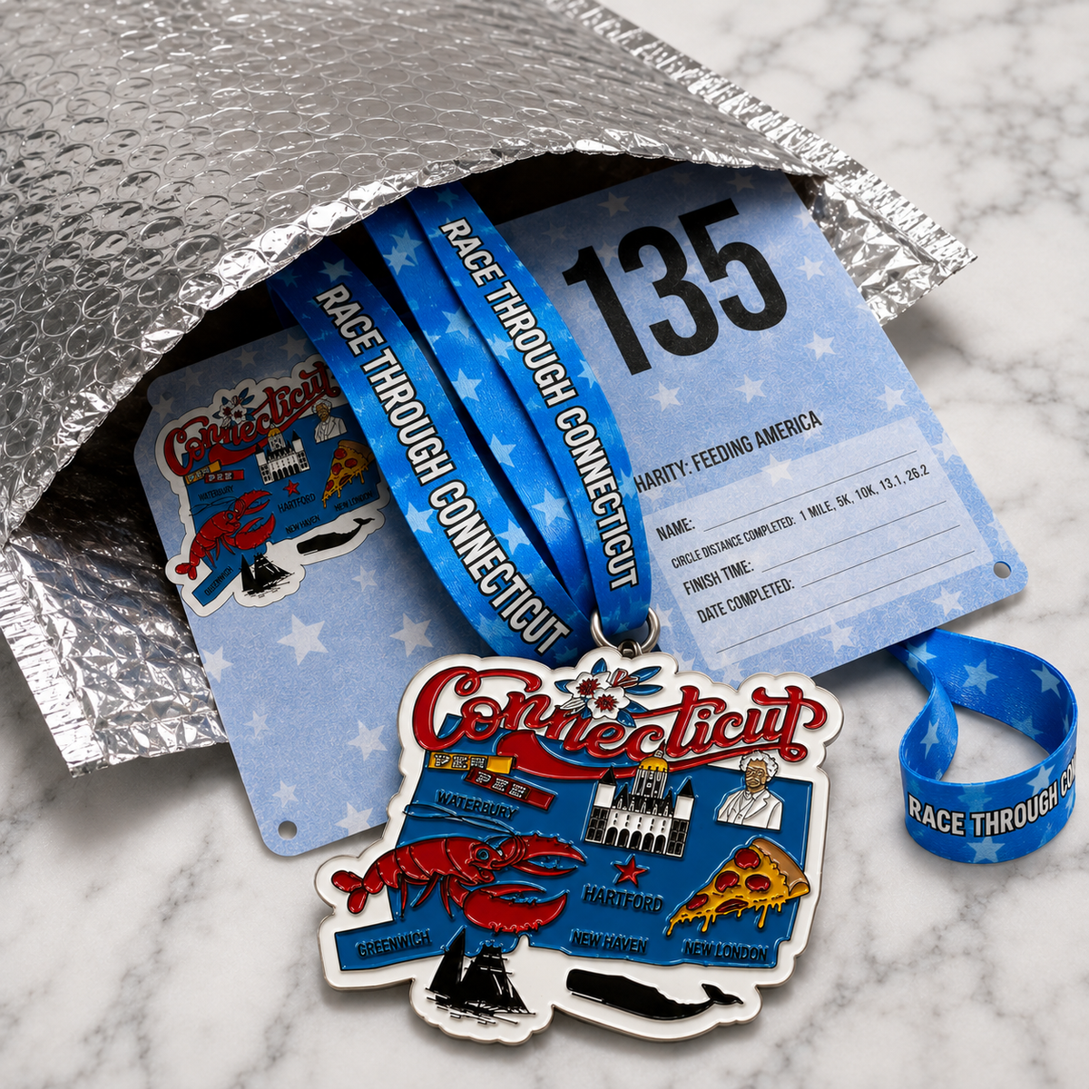 Virtualrunevent Race Through Connecticut medal featuring Connecticut map and runner design, awarded for 5K, 10K, half marathon, or 50-mile challenge.