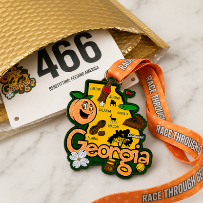 Virtualrunevent Race Through Georgia medal featuring colorful design and engraved event details, shown partially inside a padded envelope.