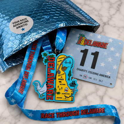 Virtualrunevent Race Through Delaware medal with engraved design, showcasing a commemorative finish for 5K, 10K, half marathon, and 50 mile challenge.