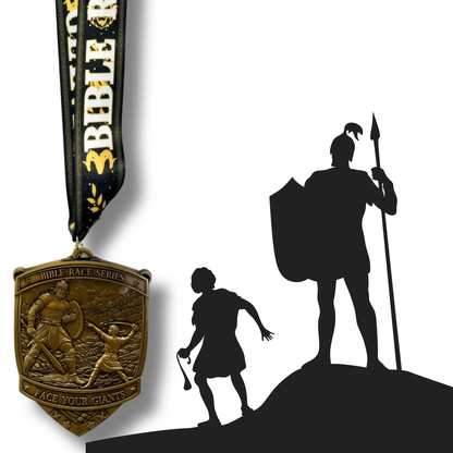 Christian virtual run medal for Face Your Giants Race 2026 by virtualrunevent, featuring a detailed design and race branding.
