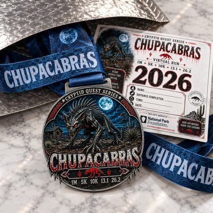 Chupacabras Virtual Race 2026 medal featuring a cryptid design for 1M, 5K, 10K, 13.1, and 26.2 distances in the Cryptid Quest Series.