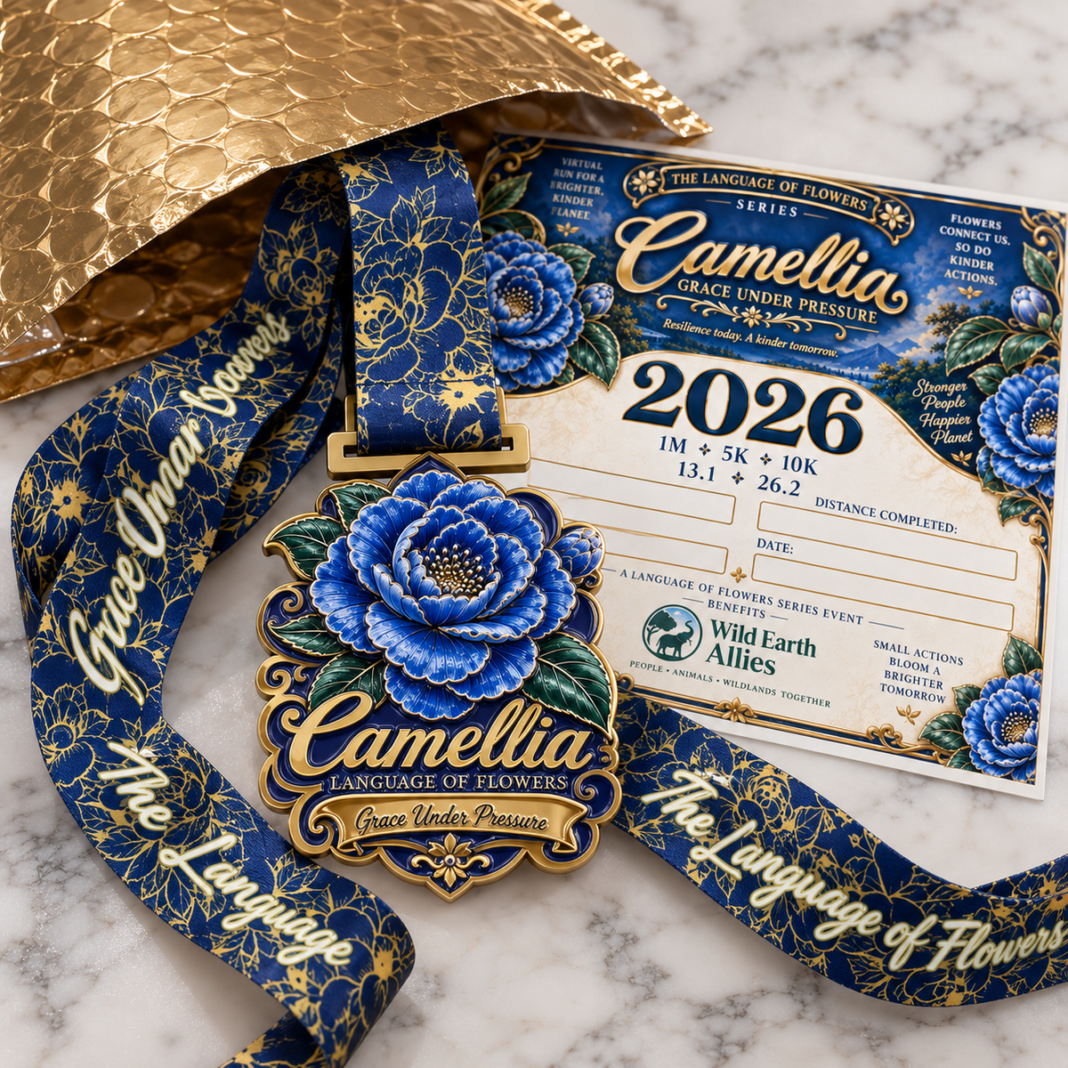 Camellia Virtual Race 2026 logo with event details for 1M, 5K, 10K, on a white background.