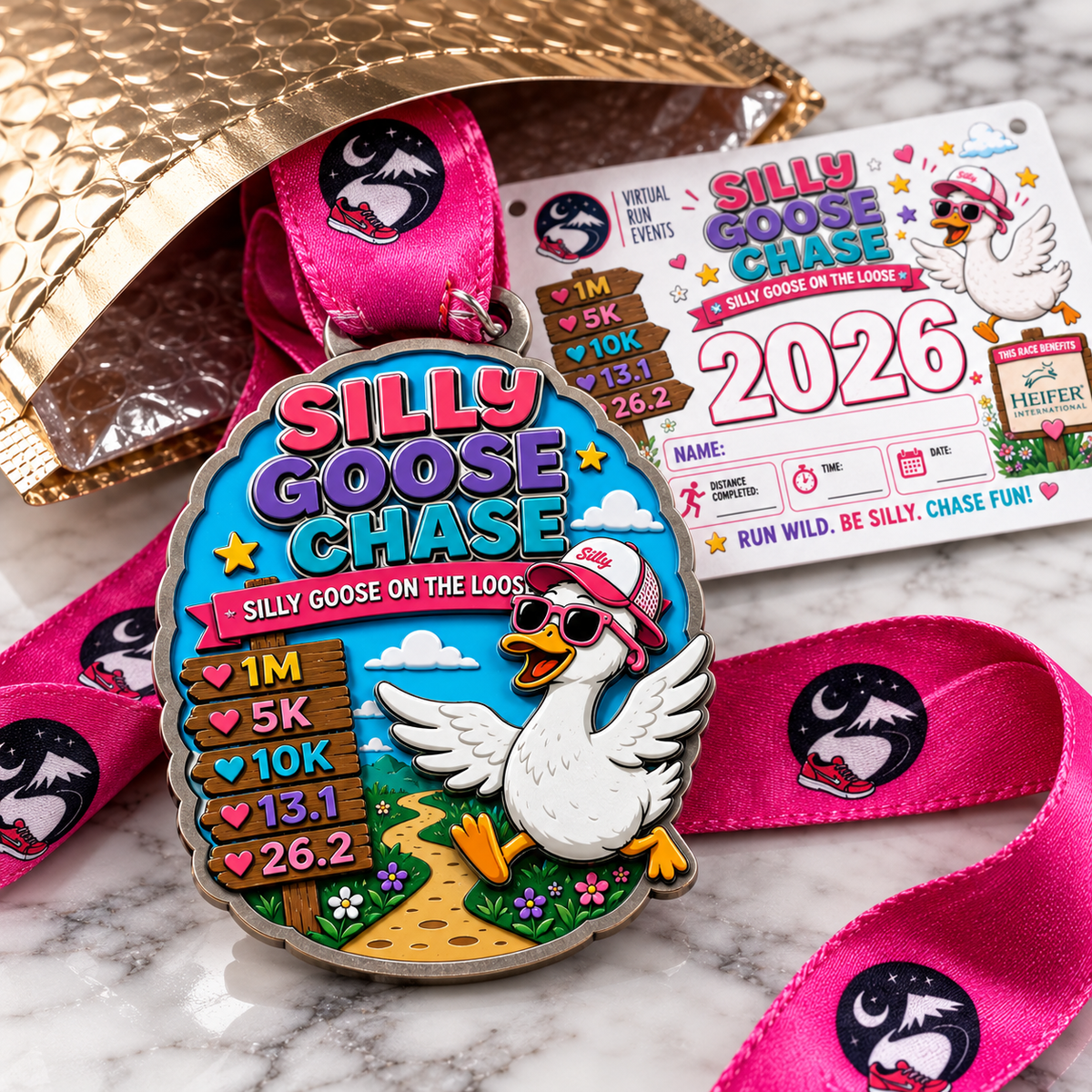 Silver Silly Goose Chase Virtual Race medal for 1M, 5K, 10K, half marathon, and marathon distances by virtualrunevent.