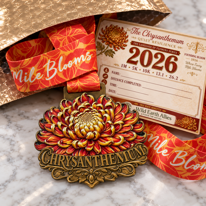 Chrysanthemum Virtual Race medal featuring a colorful flower design for 5K, 10K, half marathon, and marathon challenges.
