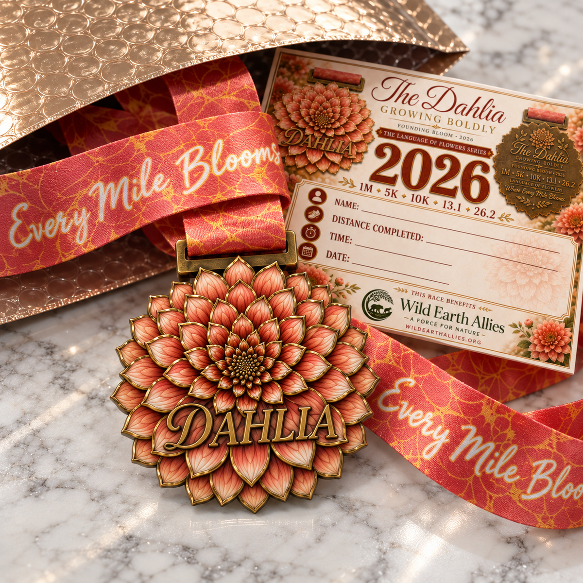 Dahlia Virtual Race flower challenge medal featuring a vibrant dahlia design for 5K, 10K, half marathon, and marathon events.
