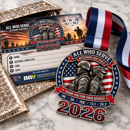 Veterans Day Virtual Race 2026 medal from virtualrunevent, featuring a patriotic design for 1M, 5K, 10K, half marathon, and marathon.