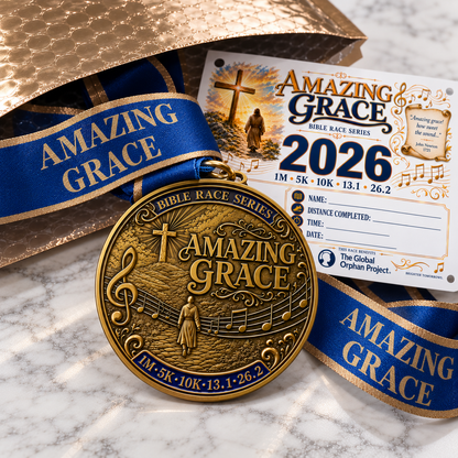 Christian medal for Amazing Grace Virtual Race 5K, walk, half marathon, or marathon event by virtualrunevent with religious design