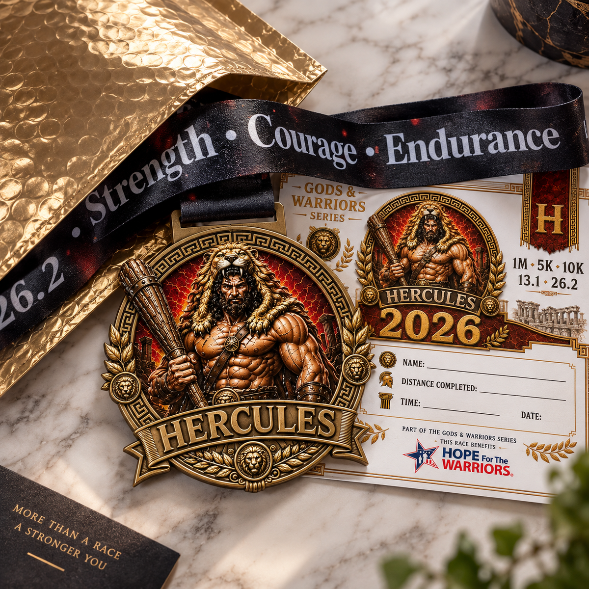 Hercules Virtual Race medal featuring Greek mythology design for 5K, 10K, Half Marathon, and Marathon events by virtualrunevent