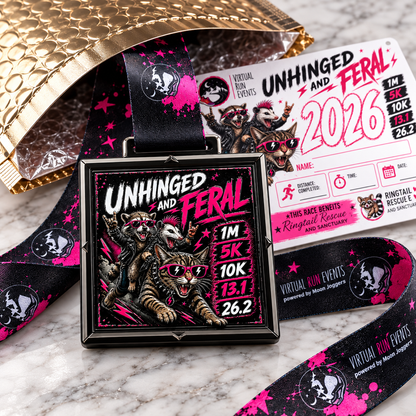 Raccoon-themed virtual race medal for Unhinged and Feral Virtual Race, featuring race distances from 1M to marathon, by virtualrunevent.