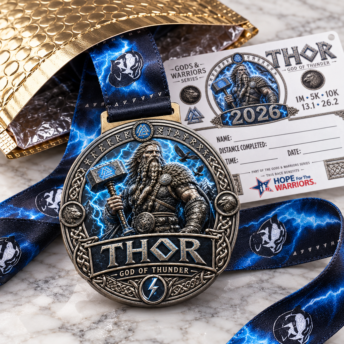 Norse mythology Thor Virtual Race medal featuring Thor's hammer and Nordic designs, awarded for 5K, 10K, half marathon, and marathon.