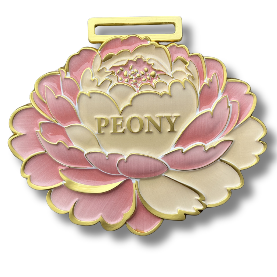 Peony Virtual Race medal featuring colorful peony flower design for 1M, 5K, 10K, Half Marathon, and Marathon events by virtualrunevent.
