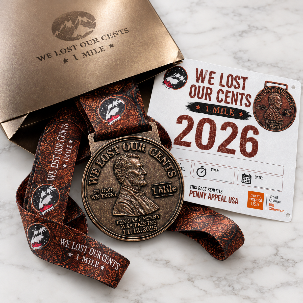 Silver medal for the We Lost Our Cents 1 Mile Virtual Race by virtualrunevent, featuring a penny design and event branding.