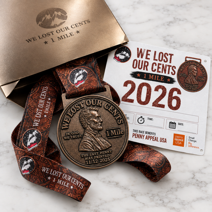 Silver medal for the We Lost Our Cents 1 Mile Virtual Race by virtualrunevent, featuring a penny design and event branding.